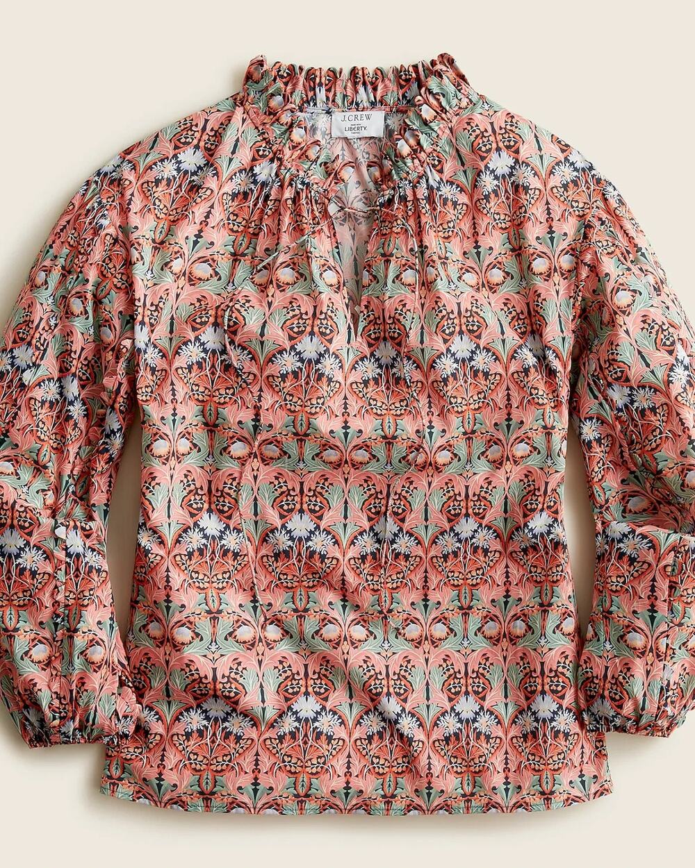 J Crew Liberty London May Nouveau Blouse 2XS Orange Green Floral Tie Neck Ruffle